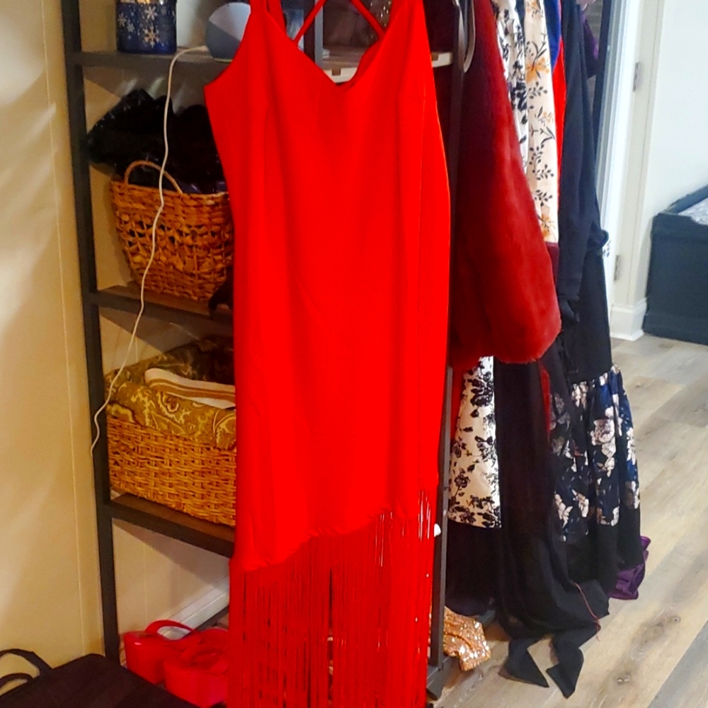 Eloquii  Asymmetrical red fringe slip dress
